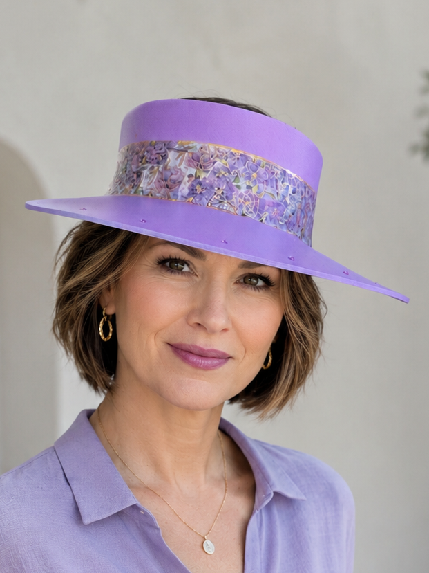Tall Purple Visor Hat - Purple Floral Band and Rhinestone Border