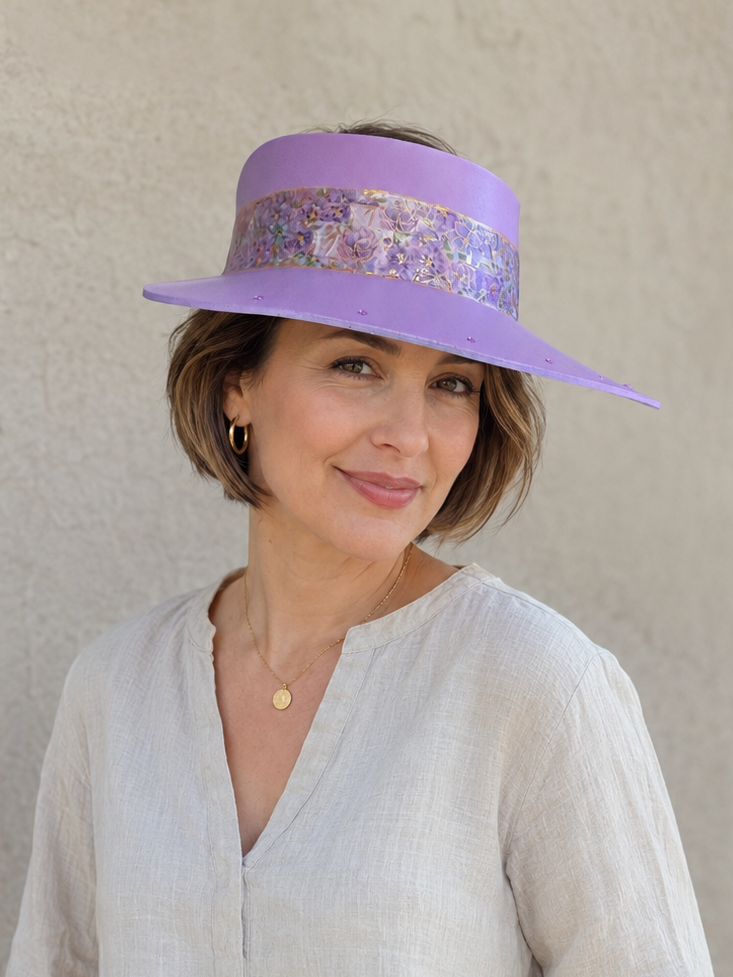 Tall Purple Visor Hat - Purple Floral Band and Rhinestone Border