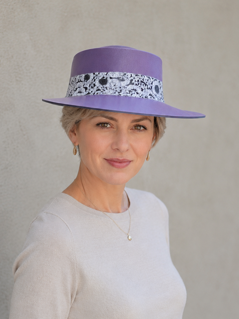 Tall Purple Visor Hat - Black and White Floral Band