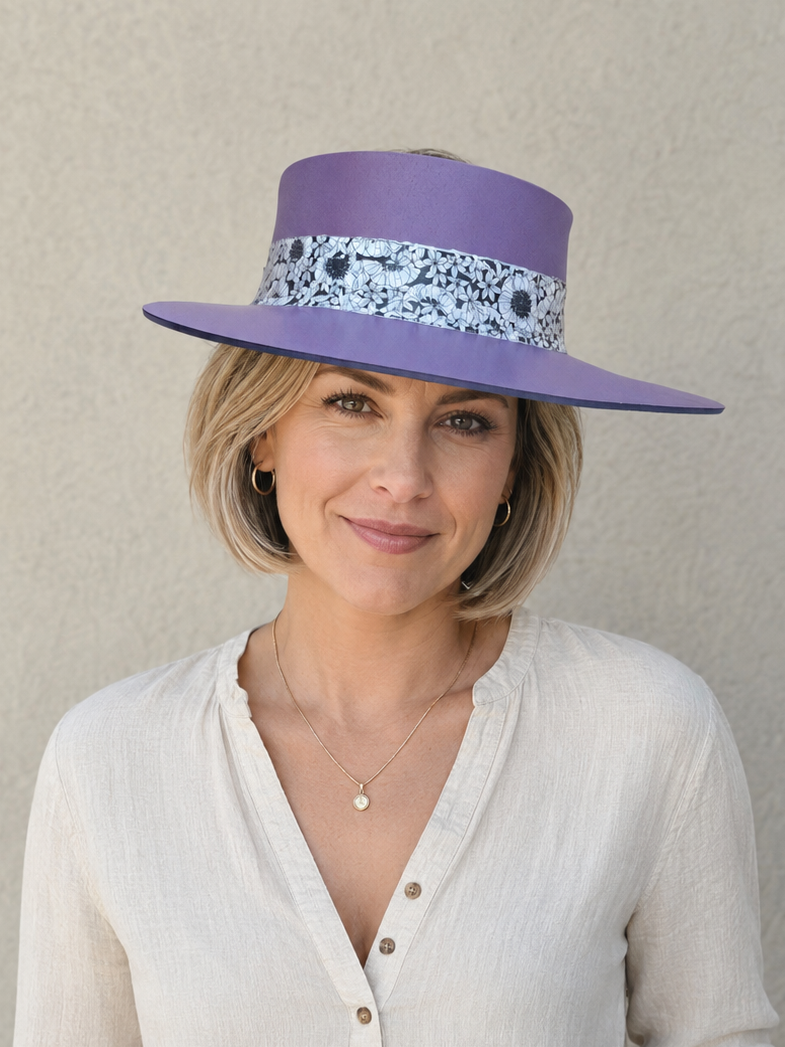 Tall Purple Visor Hat - Black and White Floral Band