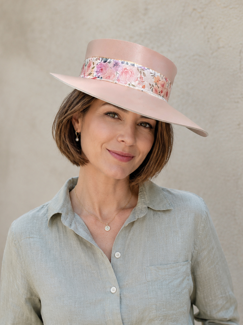 Tall Peach Pink Visor Hat - Bright Pink Floral Band