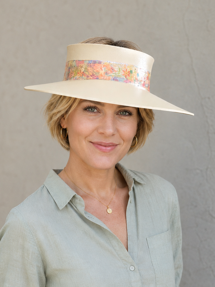 Beige Visor Hat - Multicolor Pastel Floral Band
