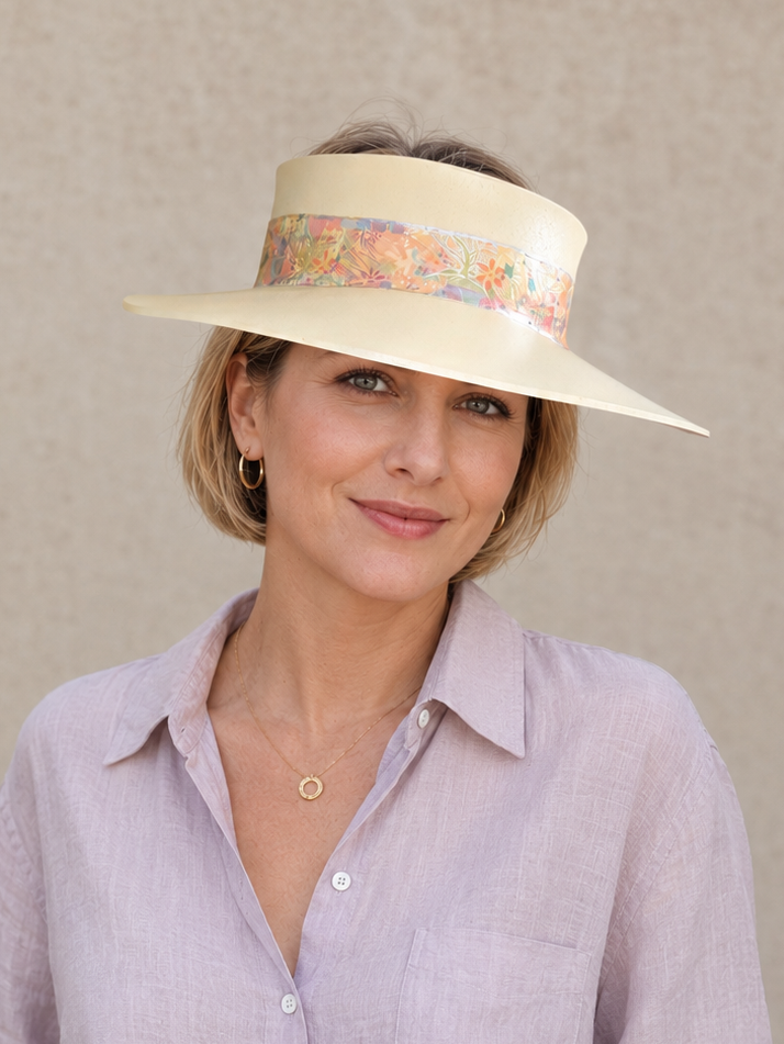 Beige Visor Hat - Multicolor Pastel Floral Band