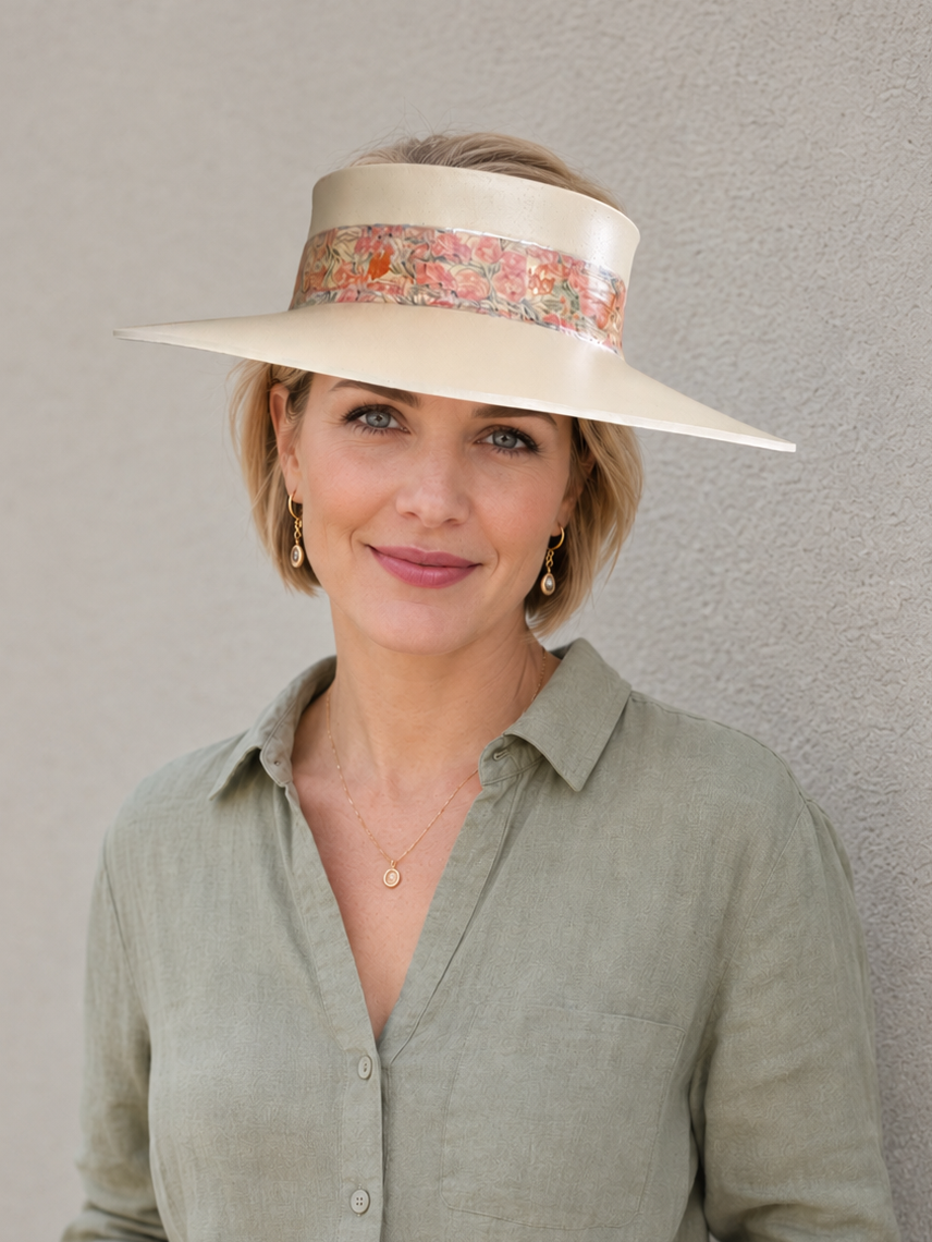 Woman wearing a wide-brimmed hat with a floral band against a plain background