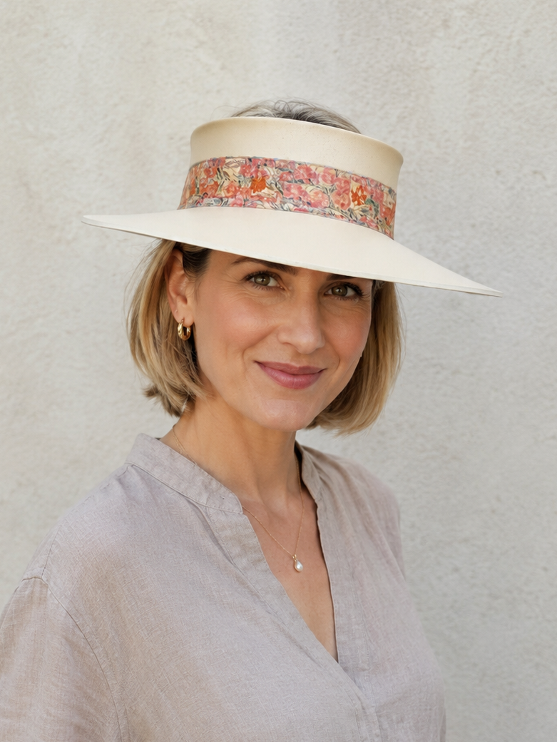 Beige Visor Hat - Orange Pink Floral Band