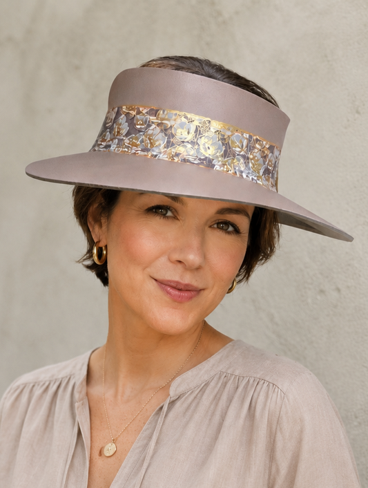 Tall Taupe Brown Visor Hat - Golden Floral Band