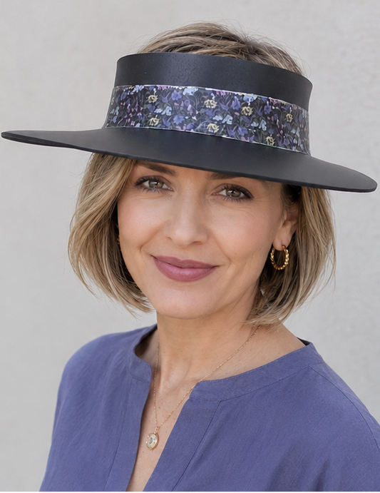 Black Visor Hat - Dark Purple Floral Band