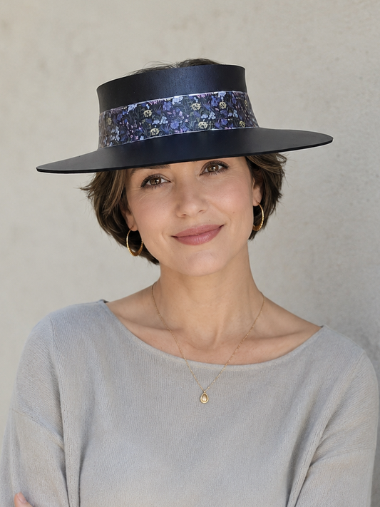 Black Visor Hat - Dark Purple Floral Band