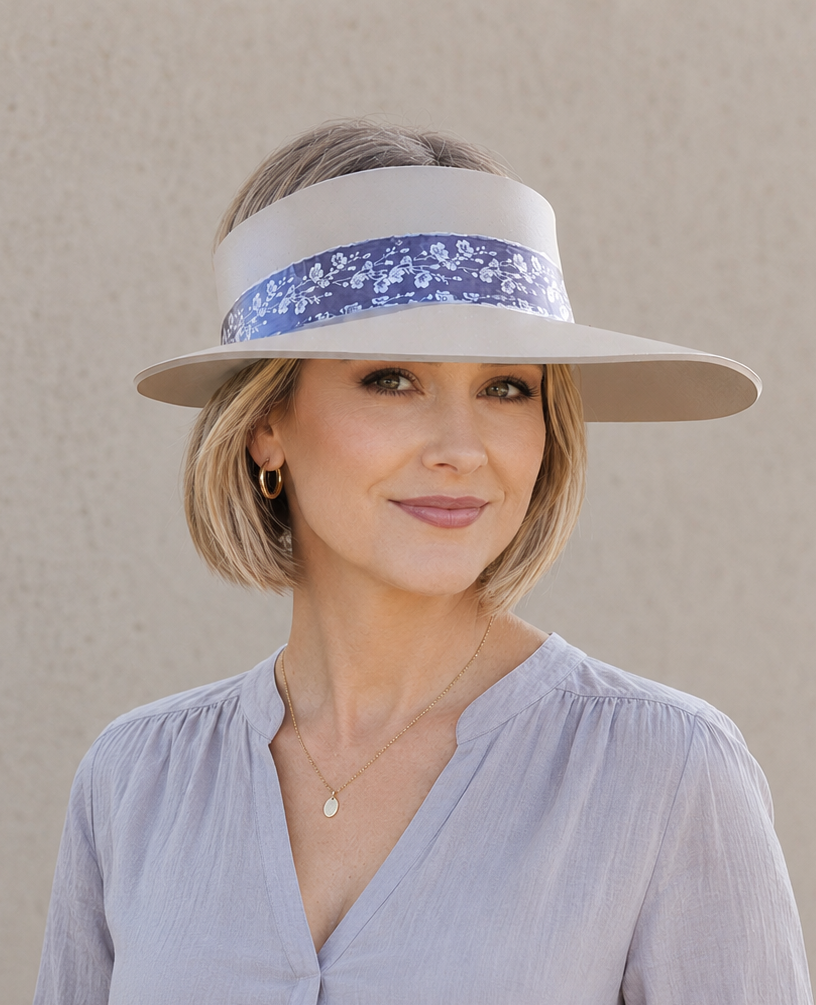 Taupe Visor Hat - Purple/Blue/Silver Floral Band