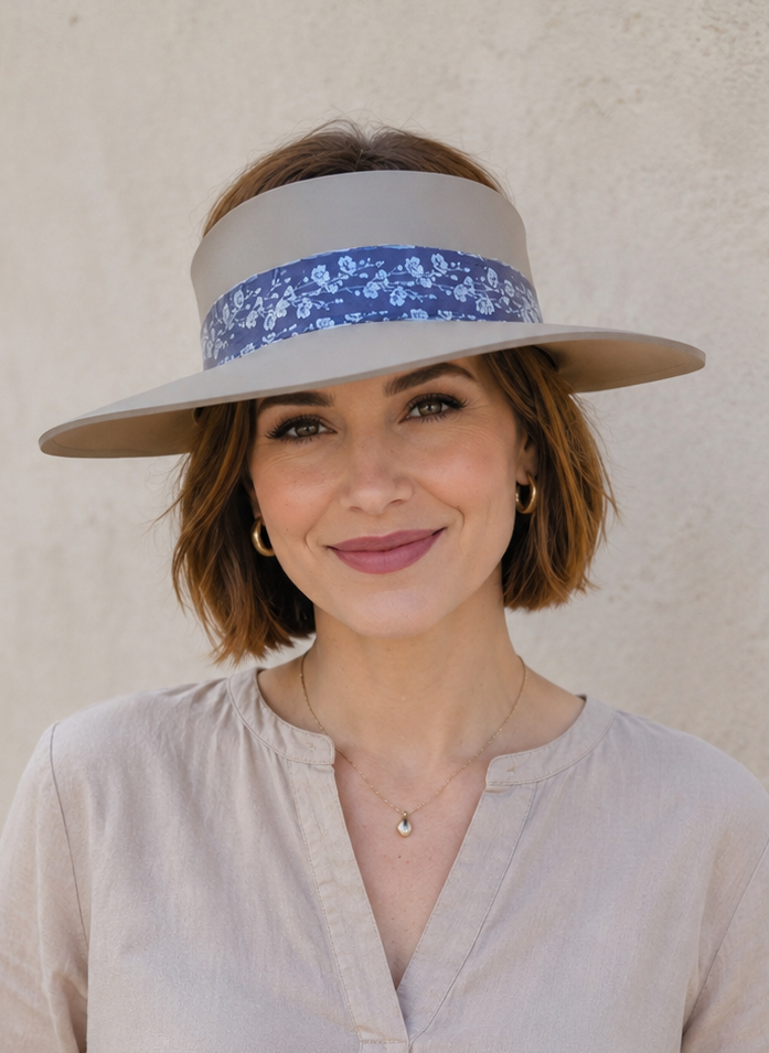 Taupe Visor Hat - Purple/Blue/Silver Floral Band