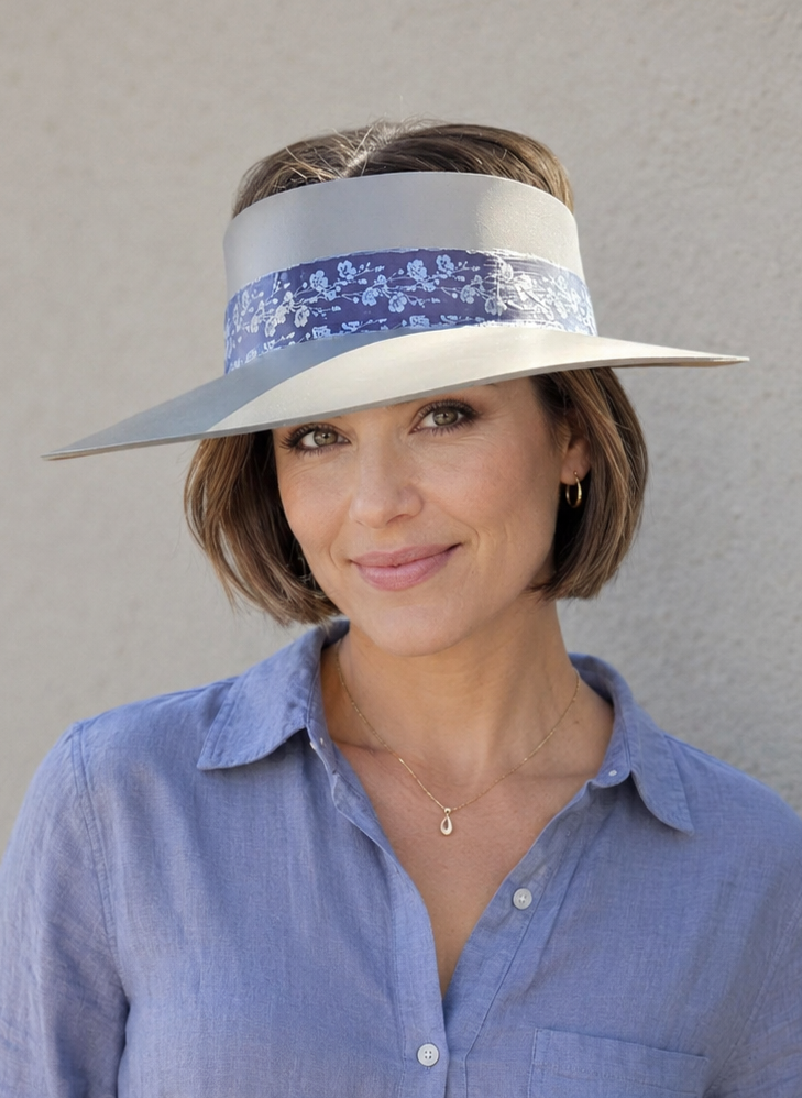 Taupe Visor Hat - Purple/Blue/Silver Floral Band