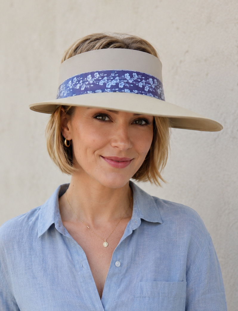 Taupe Visor Hat - Purple/Blue/Silver Floral Band