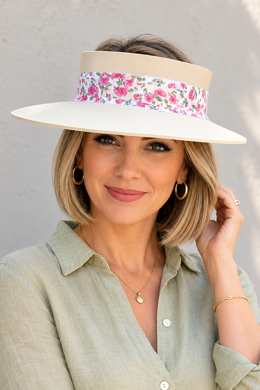 Beige Visor Hat - Bright Pink Floral Band