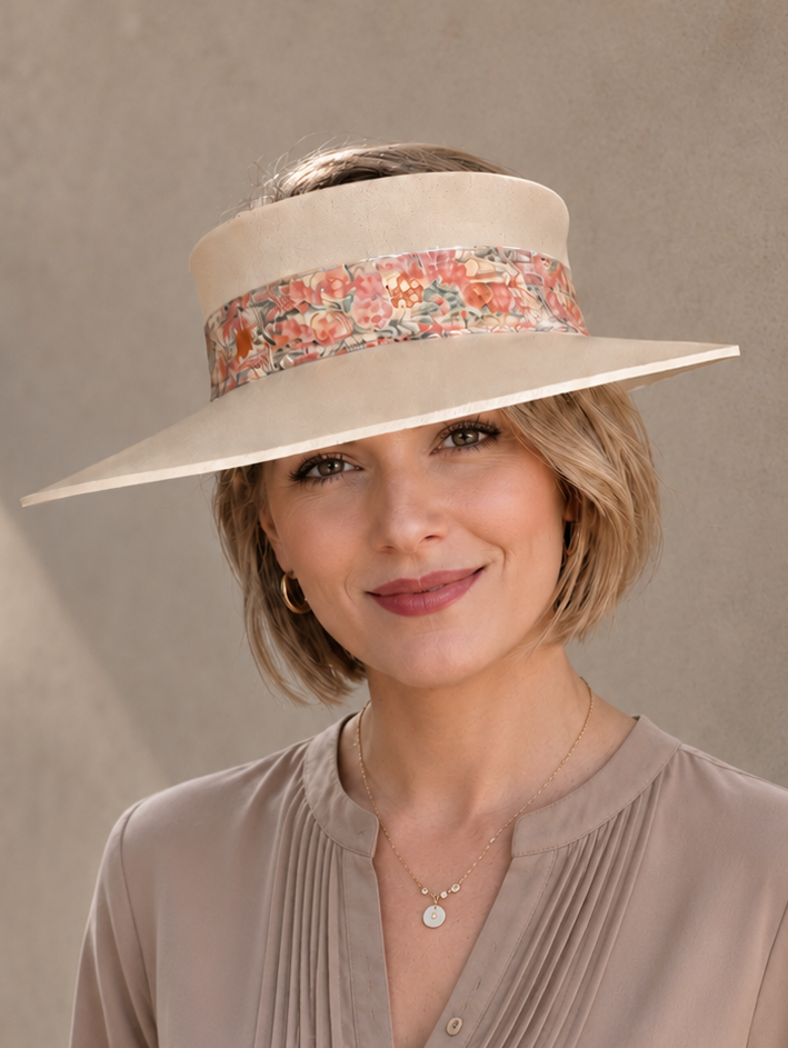 Beige Visor Hat - Orange Pink Floral Band