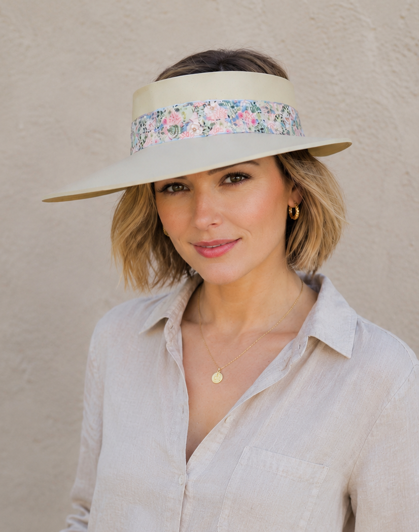 Beige Visor Hat - Light Pink Floral Band
