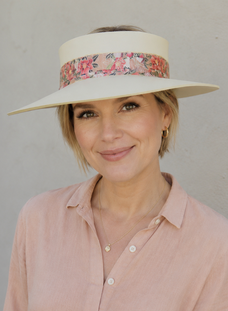 Beige Visor Hat - Red Floral Band