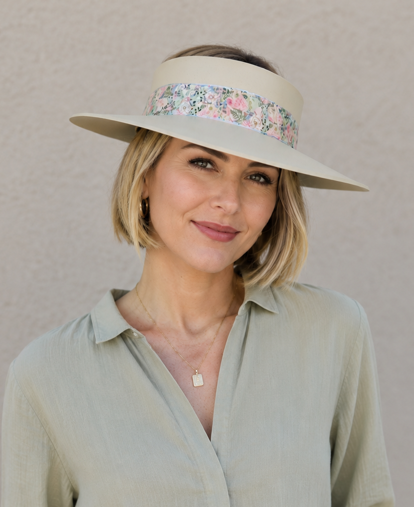 Beige Visor Hat - Light Pink Floral Band