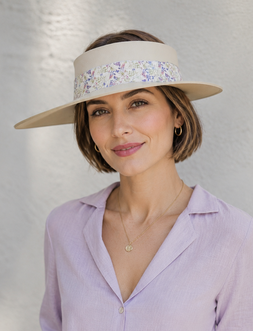 Beige Visor Hat - Delicate Purple Floral Band