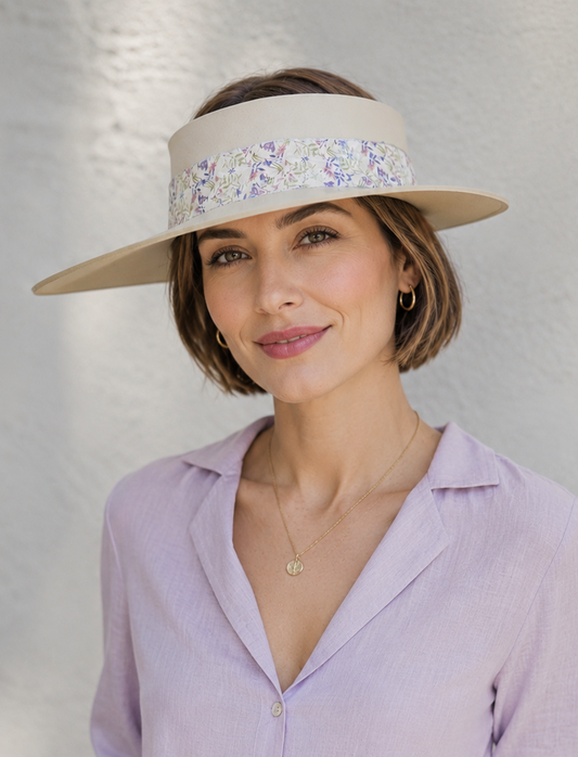 Beige Visor Hat - Delicate Purple Floral Band