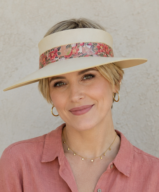 Beige Visor Hat - Red Floral Band