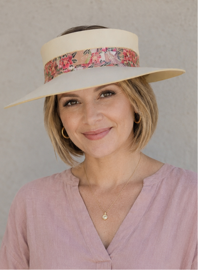 Beige Visor Hat - Red Floral Band