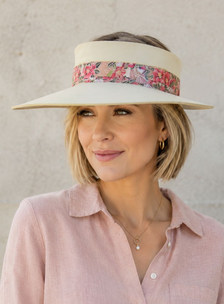 Beige Visor Hat - Red Floral Band