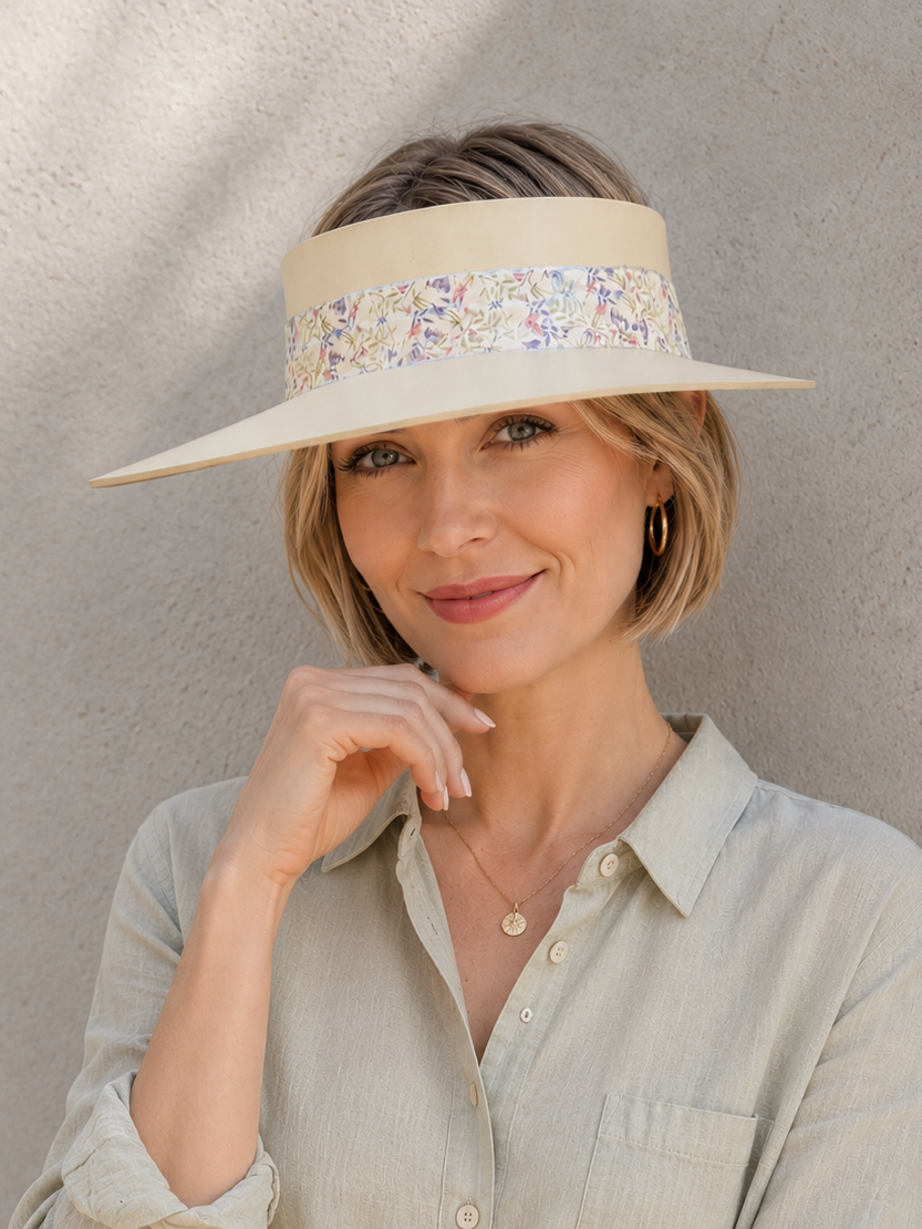 Beige Visor Hat - Delicate Purple Floral Band