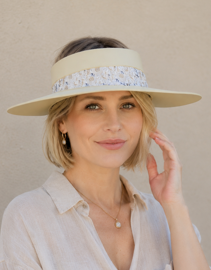 Beige Visor Hat - Golden White Floral Band