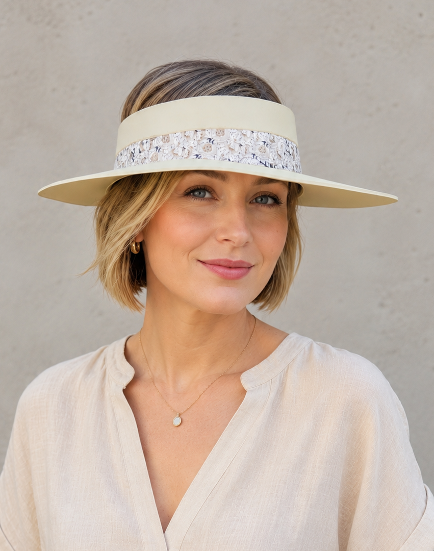 Beige Visor Hat - Golden White Floral Band
