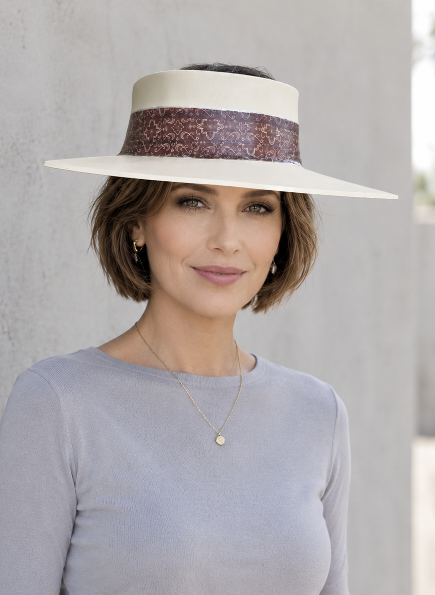 Tall Beige Visor Hat - Geometric Burgundy Band