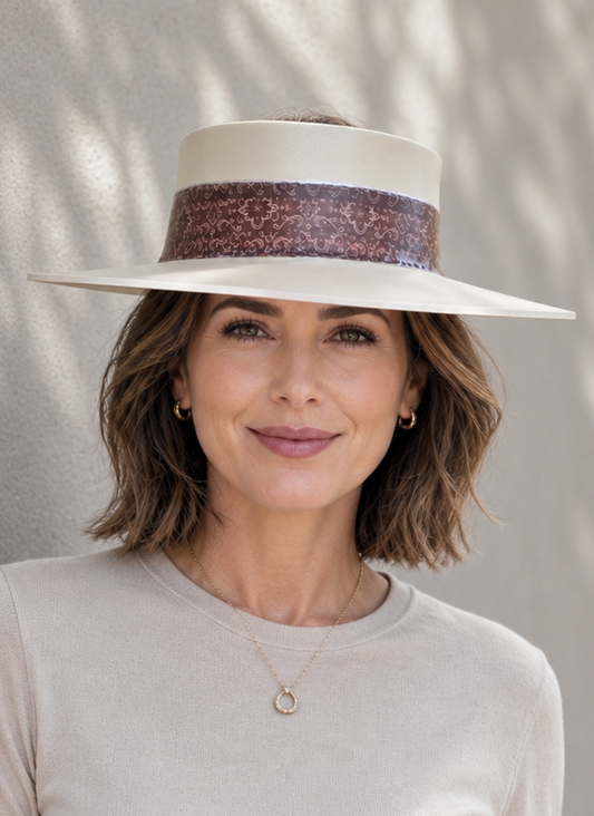 Tall Beige Visor Hat - Geometric Burgundy Band