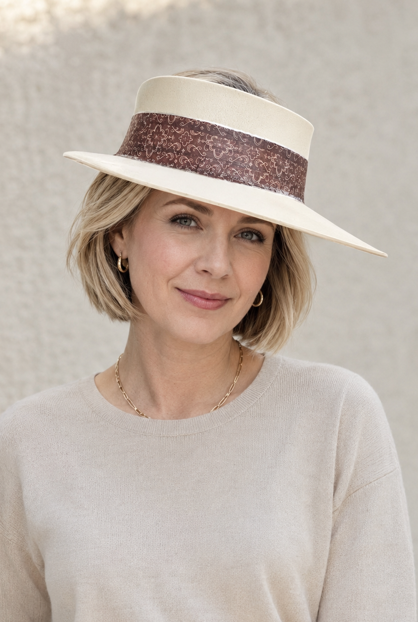 Tall Beige Visor Hat - Geometric Burgundy Band