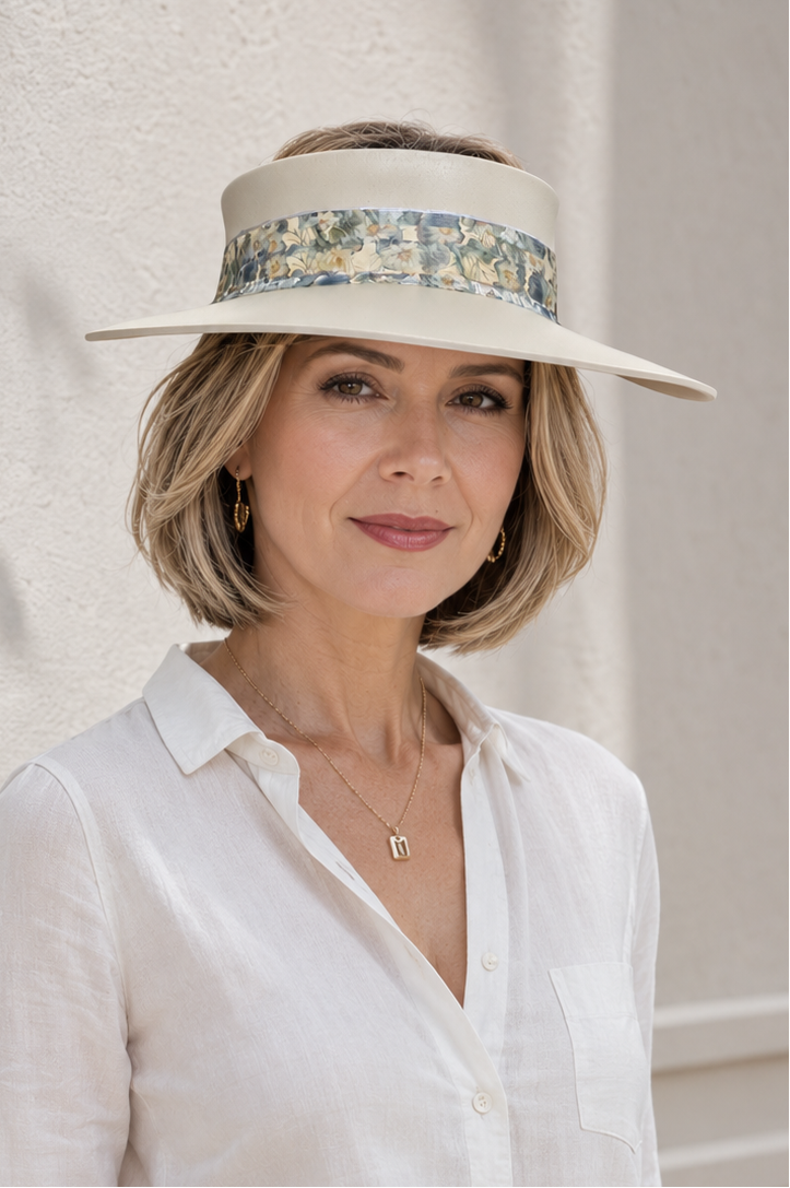 Beige Visor Hat - Blue Floral Band