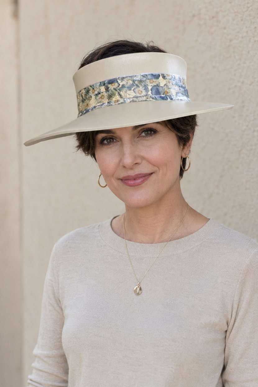 Beige Visor Hat - Blue Floral Band