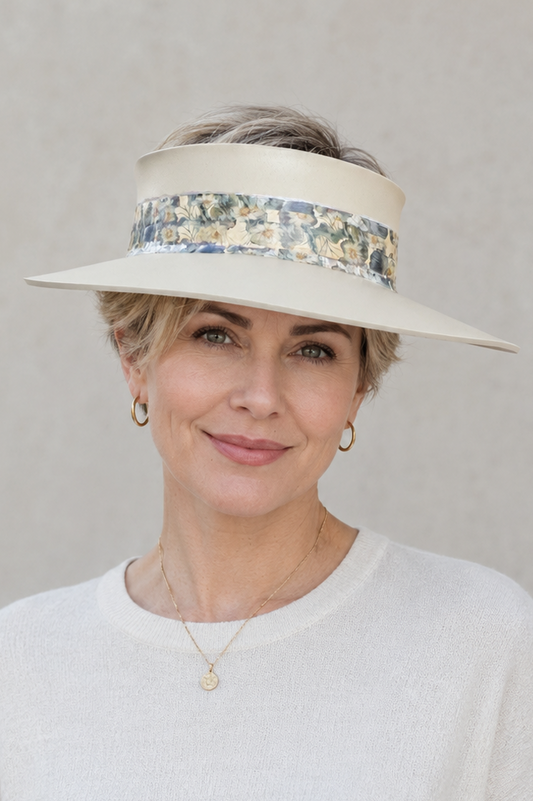 Beige Visor Hat - Blue Floral Band
