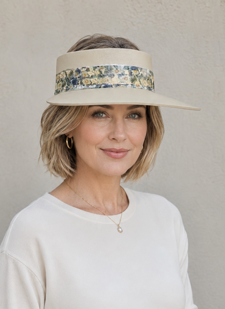 Beige Visor Hat - Blue Floral Band