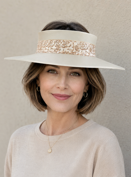 Beige Visor Hat - Light Golden Floral Band