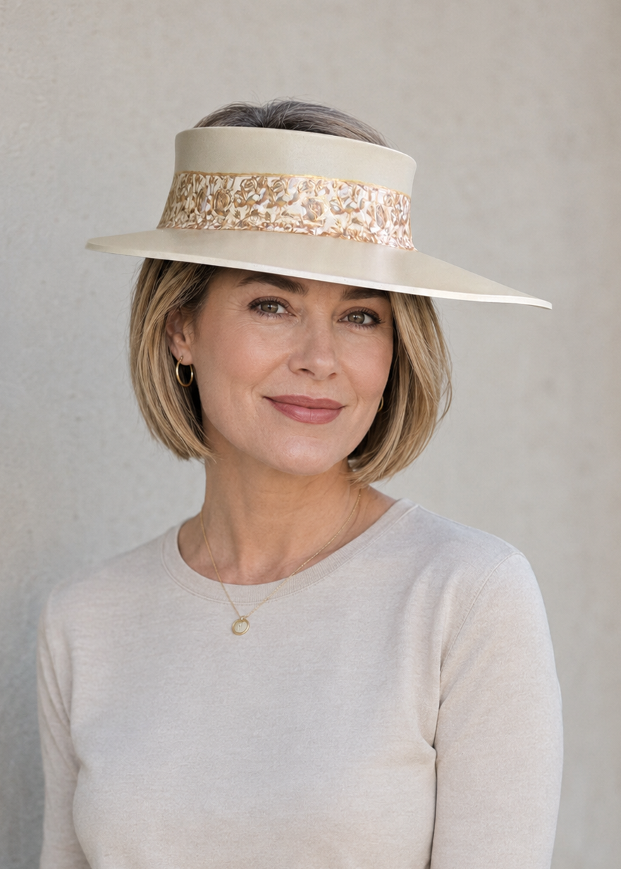 Beige Visor Hat - Light Golden Floral Band