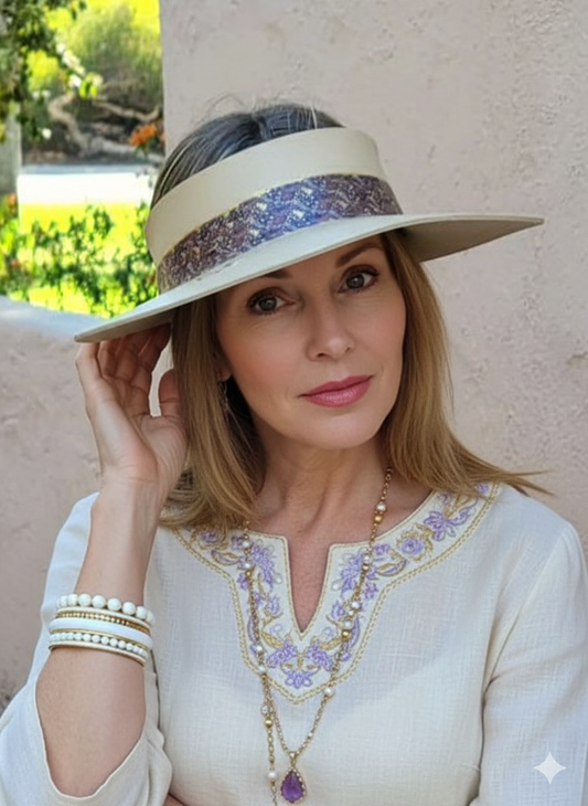 Beige "LadyEVA" Visor Hat with Delicate Purple Leaf Pattern Band and Gold Accents