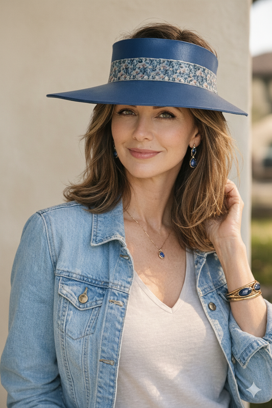 Navy Blue "LadyEVA" Visor Hat with Dark Floral Band