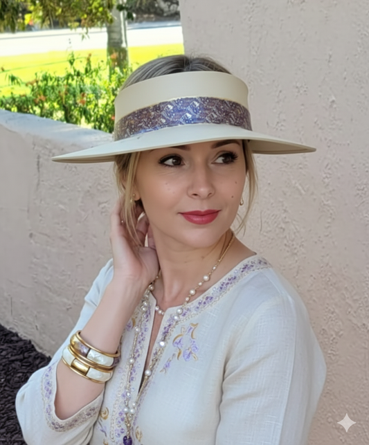 Beige "LadyEVA" Visor Hat with Delicate Purple Leaf Pattern Band and Gold Accents