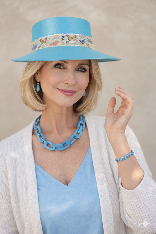 Tall Teal Blue "LadyEVA" Visor Hat with Butterfly Band