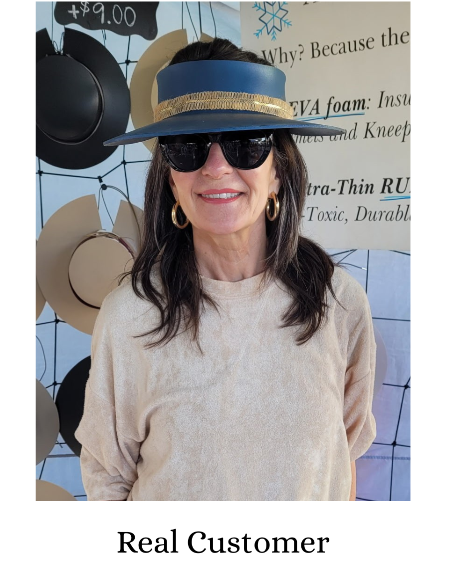 A woman wearing a navy blue wide-brim hat with a gold band, black sunglasses, and a beige knit top, standing in front of a decorated wall. The text 'Real Customer' is printed below the photo.