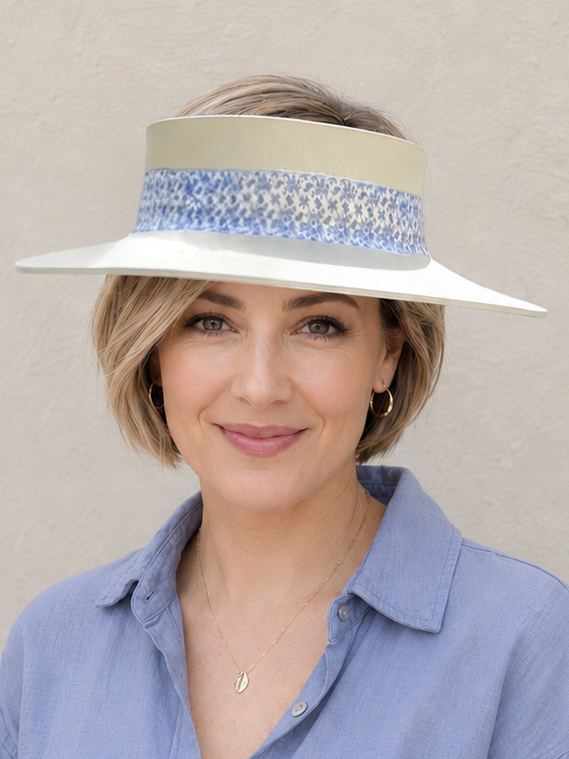 Beige Visor Hat - Floral Blue Band