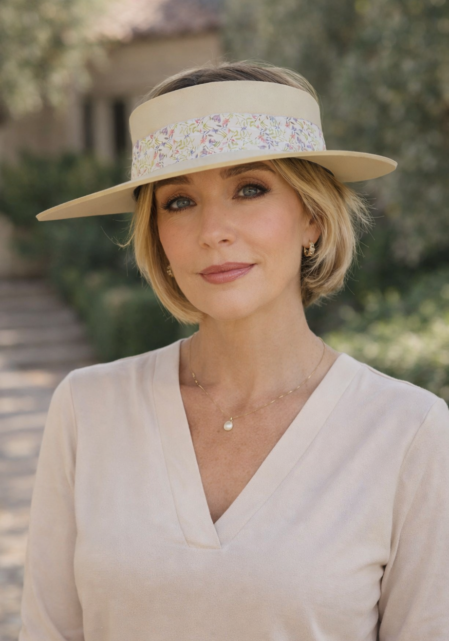 Beige Visor Hat - Delicate Purple Floral Band