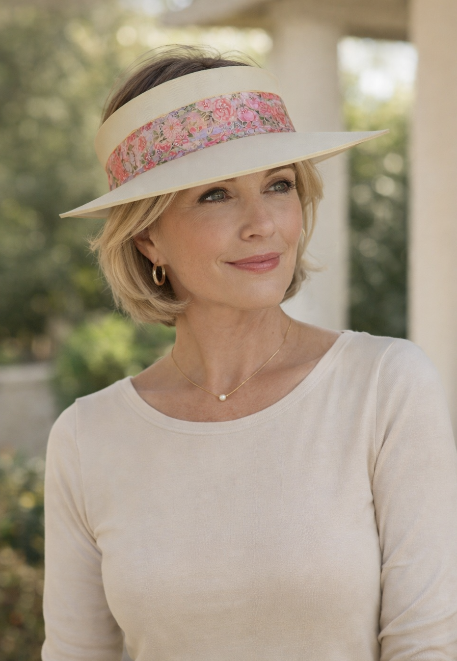 Beige Visor Hat - Pink and Red Floral Band