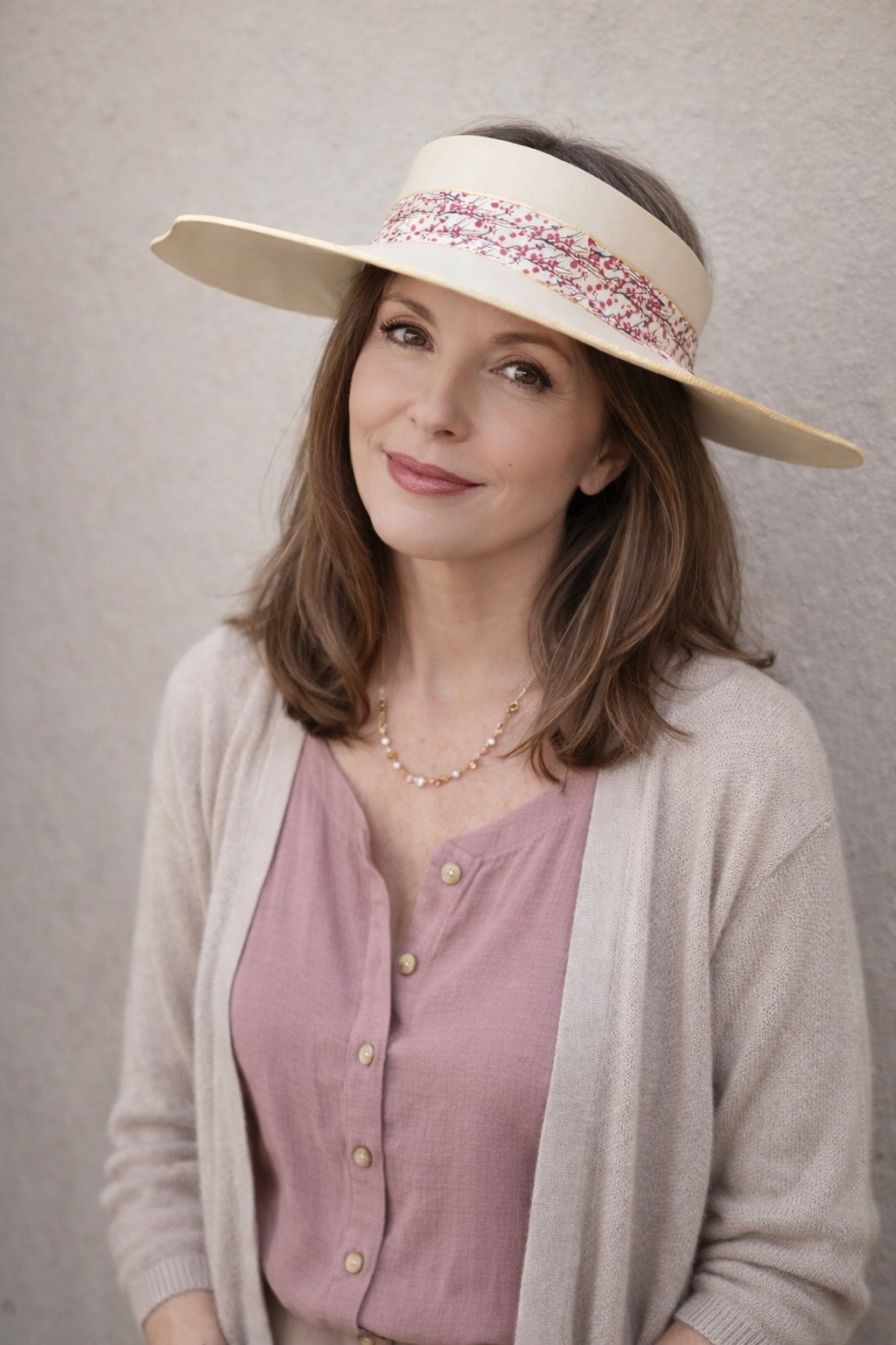 Woman wearing a wide-brimmed hat with decorative band against a plain background