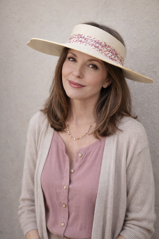 Woman wearing a wide-brimmed hat with decorative band against a plain background