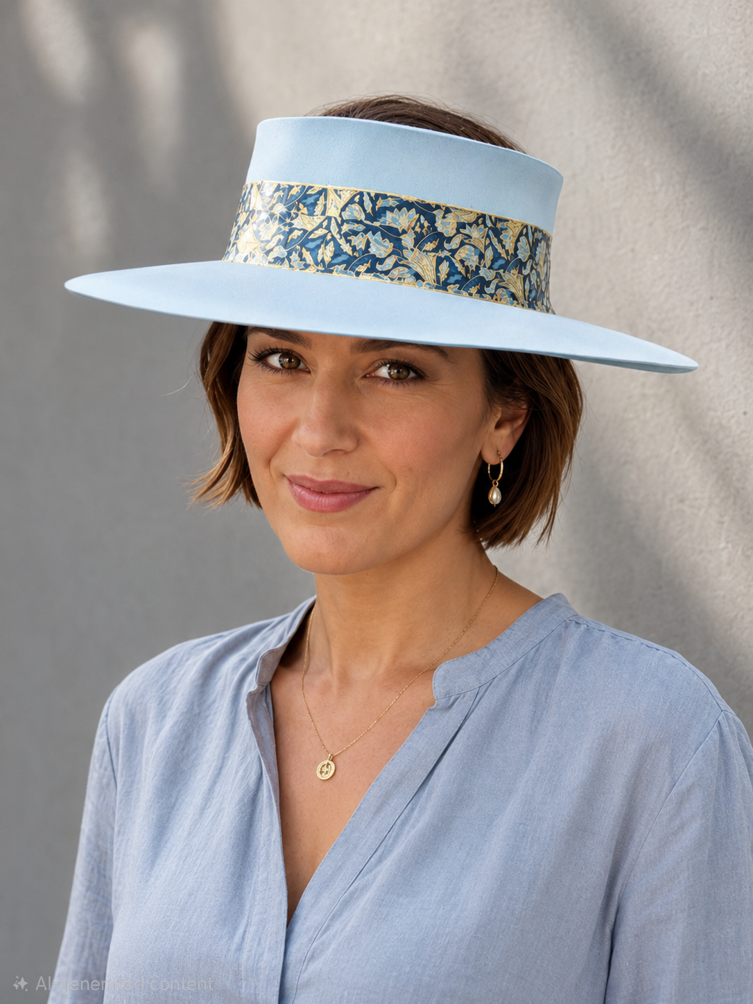Tall Light Blue Visor Hat - Navy and Gold Band
