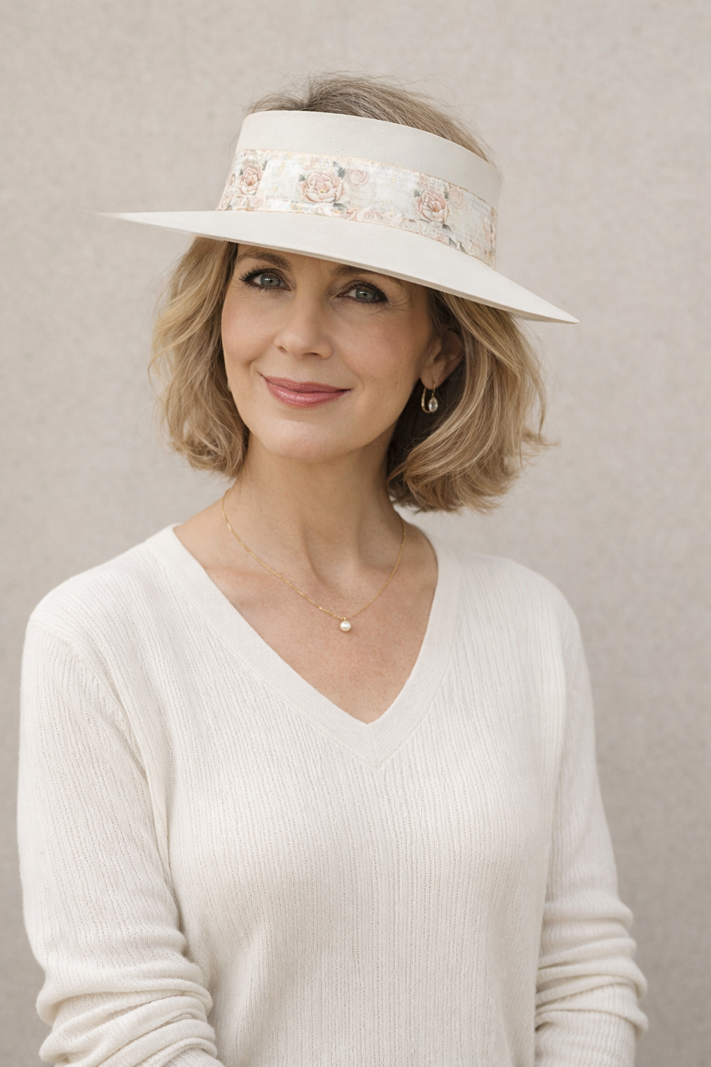 Woman wearing a white visor with decorative band against a plain background